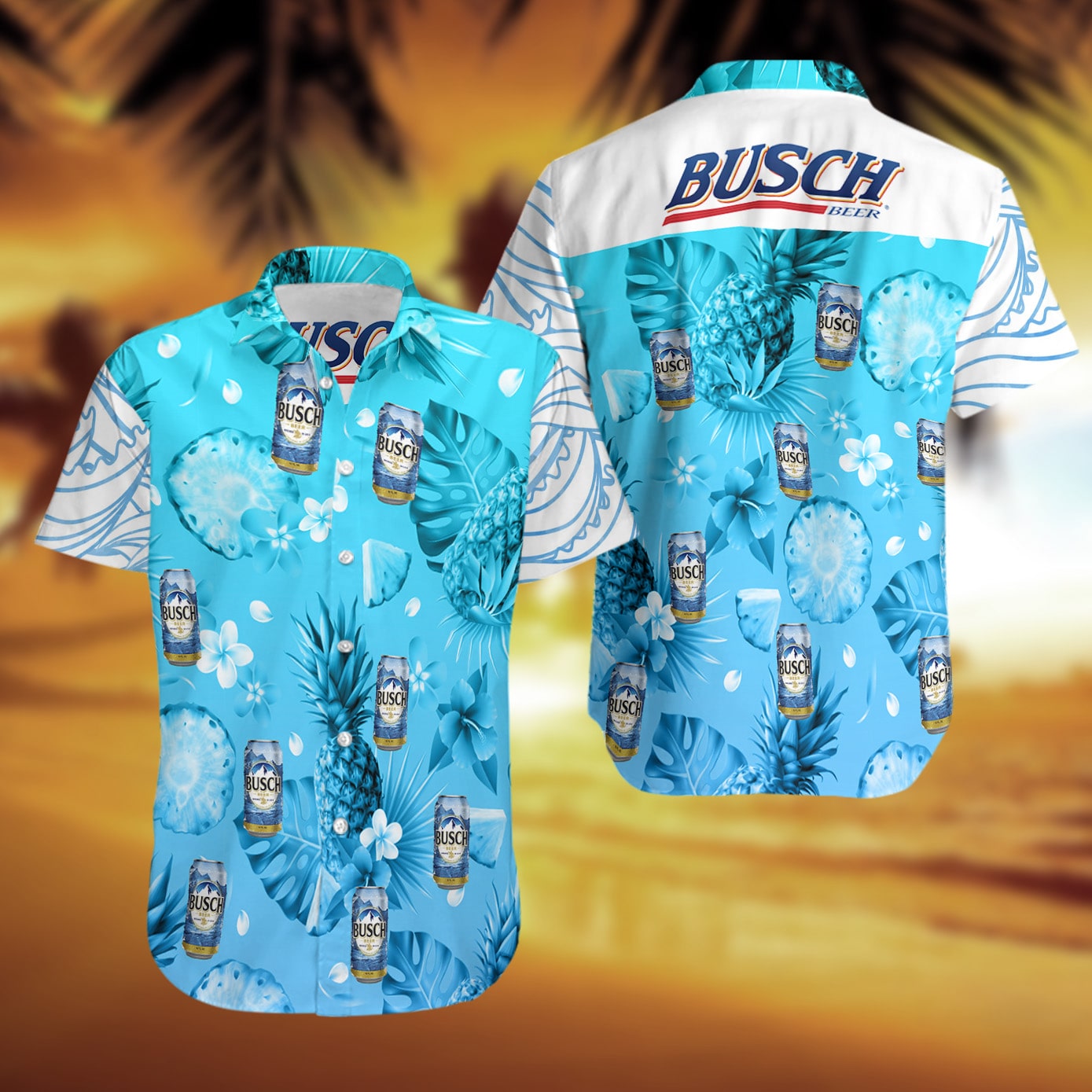 Blue Busch Latte Hawaiian Shirt Palm Leaf Pineapple Hibiscus Beer Lovers Gift