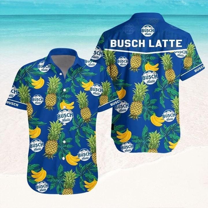 Dark Blue Busch Latte Beer Hawaiian Shirt Pineapple Banana Tropical