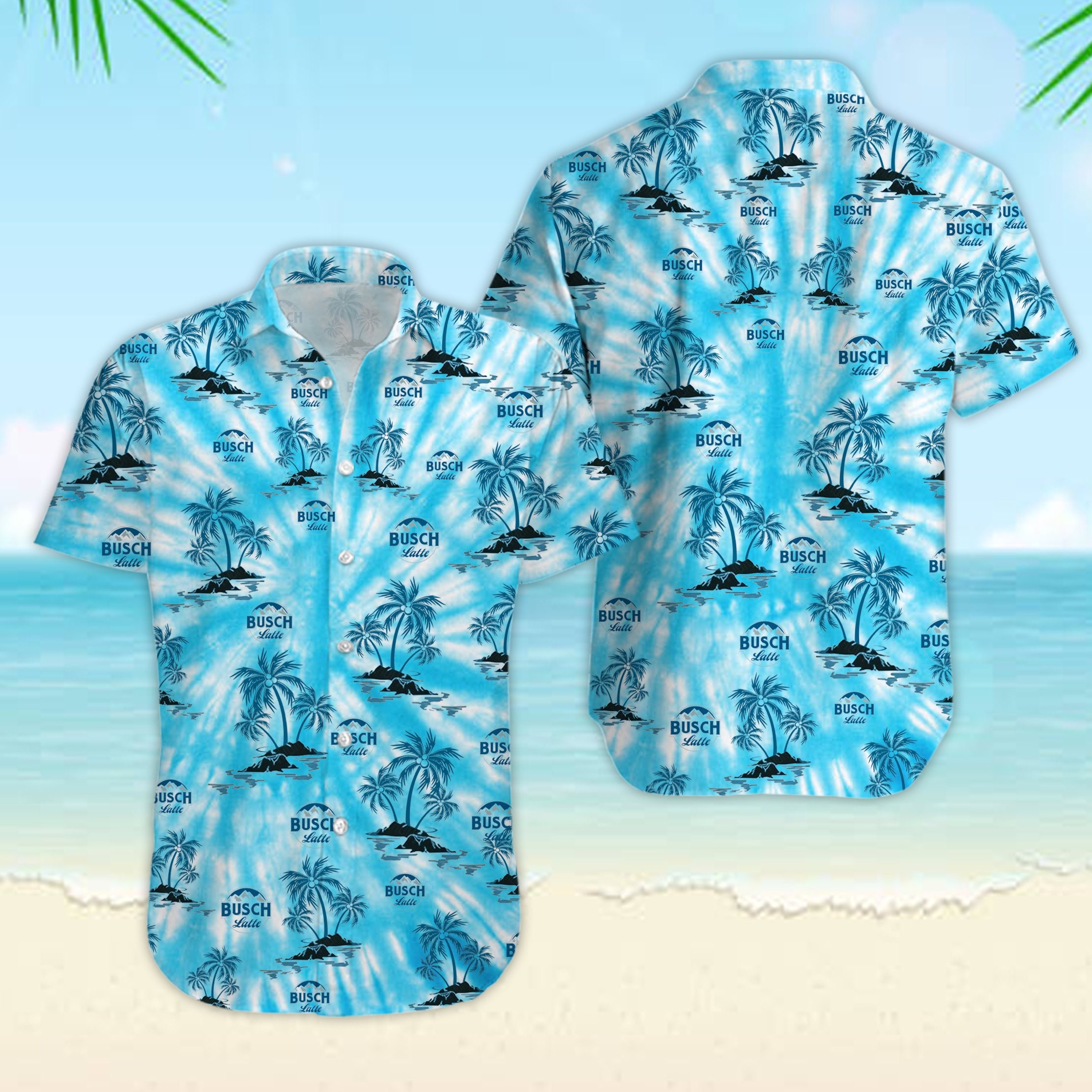 Blue Busch Latte Beer Hawaiian Shirt Coconut Trees Beach Pattern