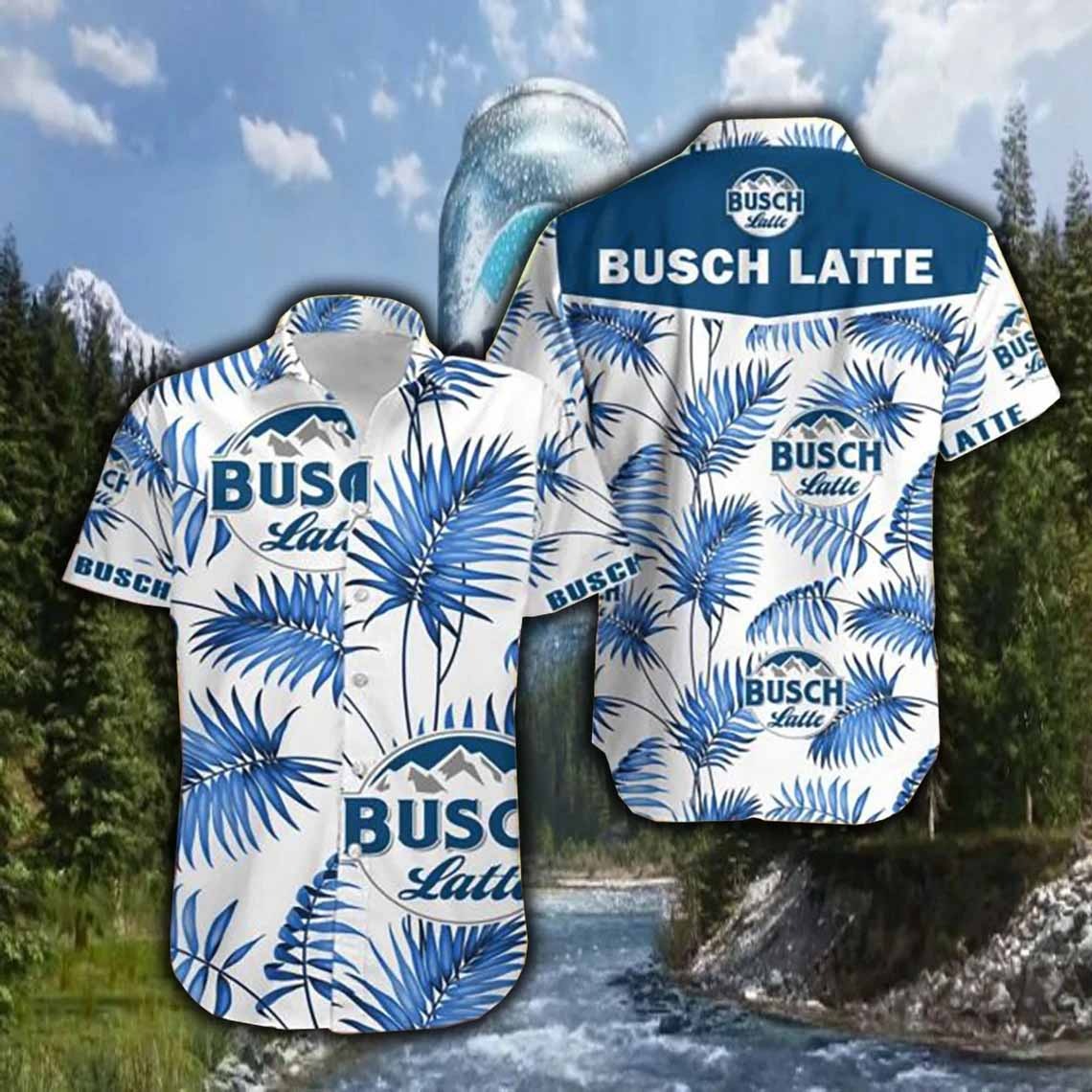 White Busch Latte Summer Hawaiian Shirt Blue Leaf Gift For Beer Lovers
