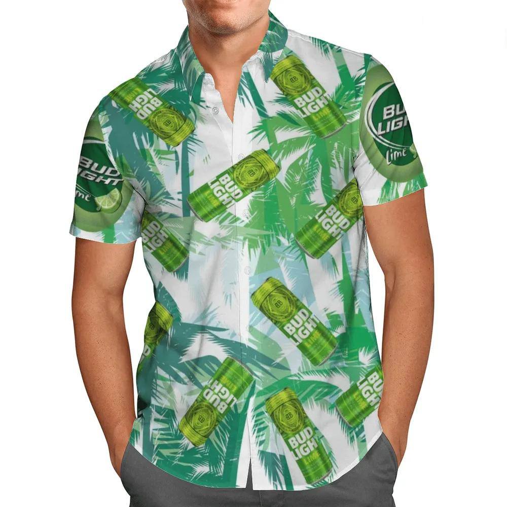 Aloha Bud Light Lime Hawaiian Shirt Tropical Palm Leaves