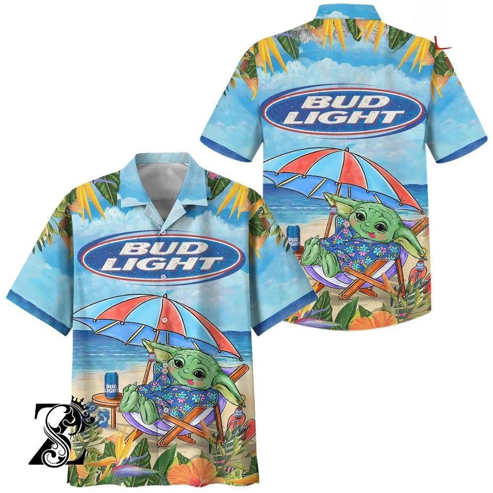 Funny Baby Yoda Sitting On The Beach Bud Light Beer Hawaiian Shirt